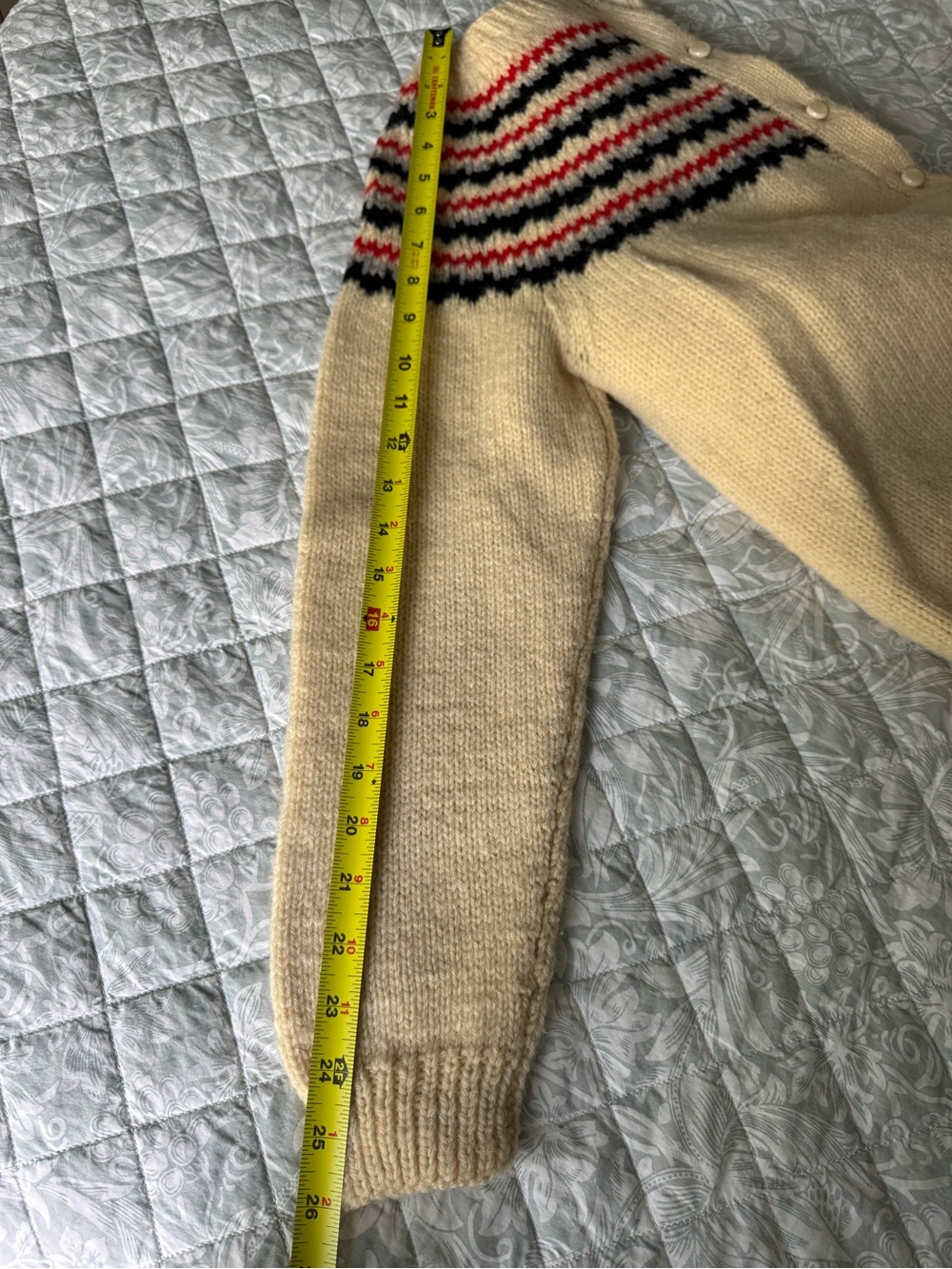 Cream Button Up Cardigan with Black, Gray and Red Stripe Design - Picture 8 of 8